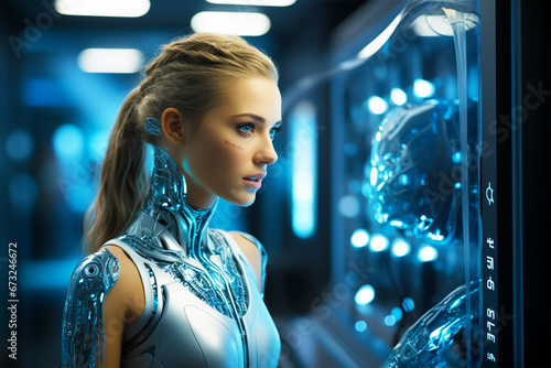 female robot in a futuristic tech-themed outfit, in the style of city portraits, lightning wave, soft-focused realism, intel core, exaggerated facial features, light silver and dark blue, urban fairy 