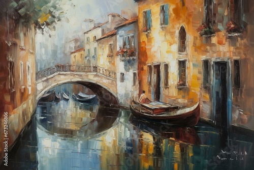 Stunning oil painting capturing picturesque Venice, Italy. Serene canal, moored boats, vibrant buildings, and bridge. Quintessential Venetian view. Generative AI
