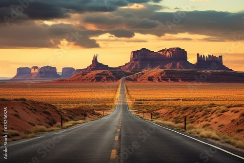 A picturesque road in the US passing through Arizona and Utah. It showcases a scenic desert highway. Generative AI © Calvin