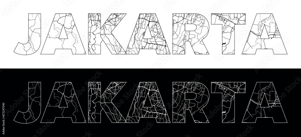 Naklejka premium Jakarta City Name (Indonesia, Asia) with black white city map illustration vector