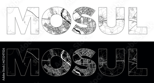 Mosul City Name (Iraq, Asia) with black white city map illustration vector