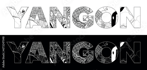 Yangon City Name (Myanmar, Asia) with black white city map illustration vector