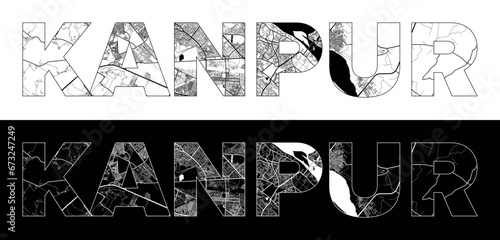 Kanpur City Name (India, Asia) with black white city map illustration vector