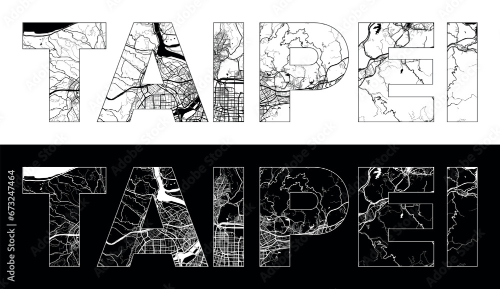 Fototapeta premium Taipei City Name (China, Asia) with black white city map illustration vector