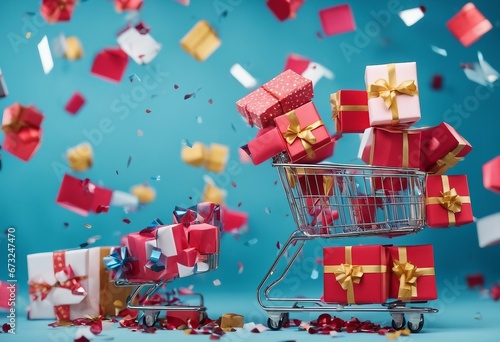 Shopping cart full of colorful gift boxes on blue background with confetti Black Friday sale Online