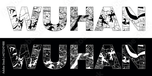 Wuhan City Name (China, Asia) with black white city map illustration vector
