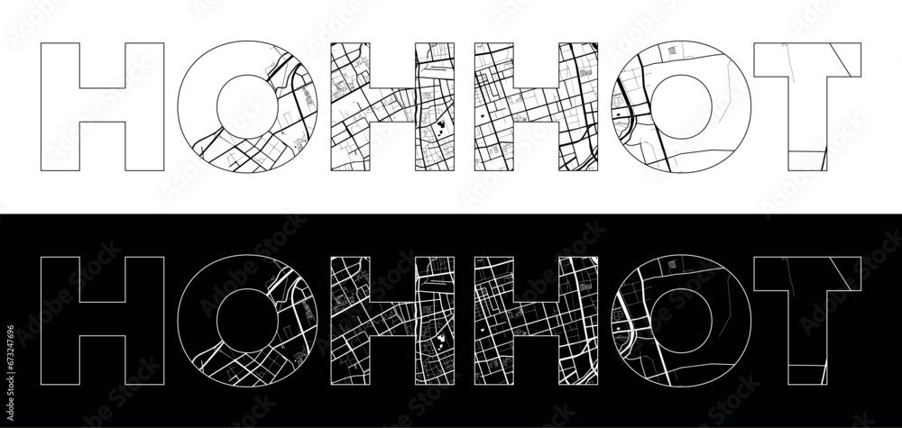 Fototapeta premium Hohhot City Name (China, Asia) with black white city map illustration vector