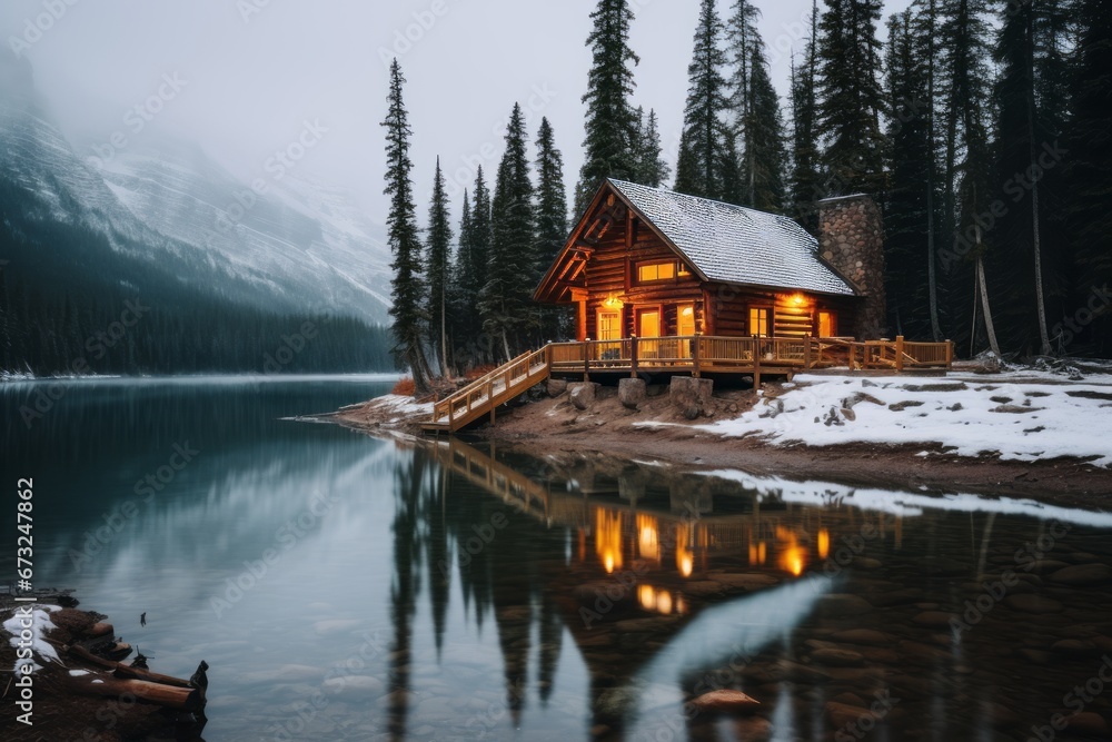 Fototapeta premium Cozy cabin near the lake during the fall and winter. mountain landscape with snow-capped peaks and beautiful reflections on the water surface