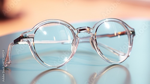 A close-up of a pair of glasses with photochromic lenses, capturing their adaptability, showcased on a clear white platform.