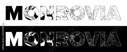 Monrovia City Name (Liberia, Africa) with black white city map illustration vector