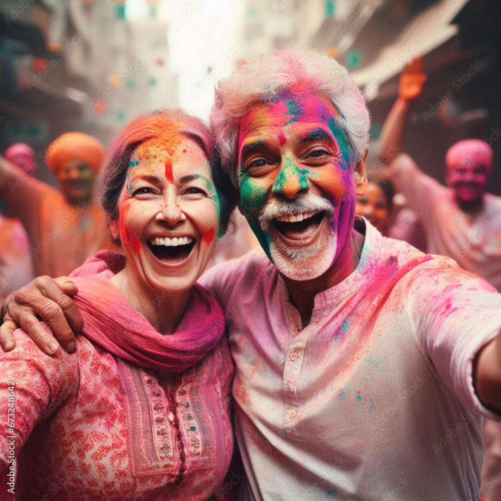 Middle aged couple enjoying a Holi festival on the city streets Middle aged couple enjoying a Holi festival on the city streets