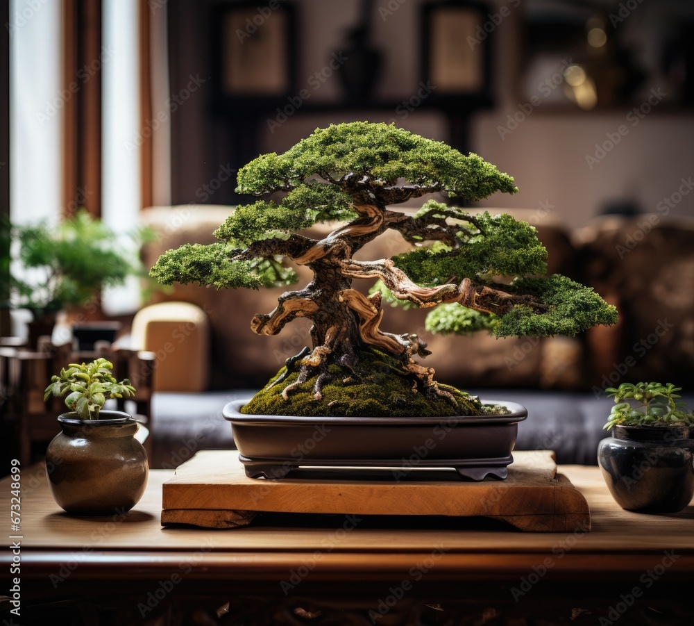 Serene Bonsai Tree Display in Tranquil Interior