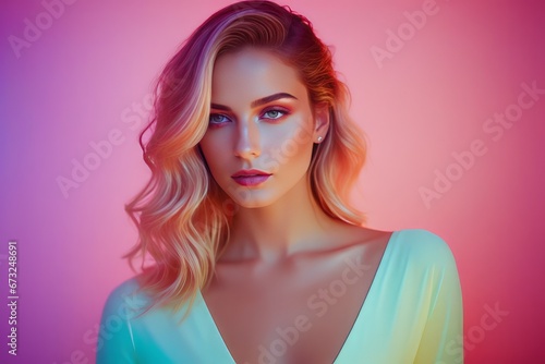 young woman with bright makeup young woman with bright makeup beautiful blonde woman portrait in colorful lights. beauty model with colorful lights. fashion makeup.