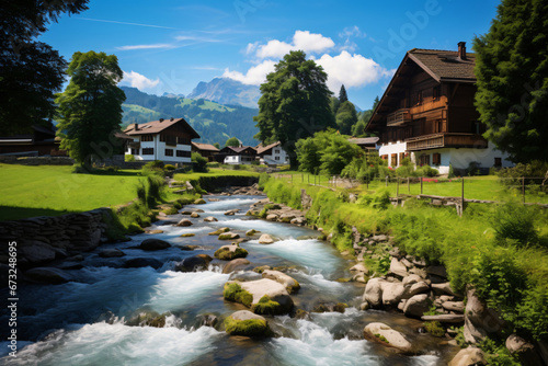 Switzerland landscape with flowing river and home