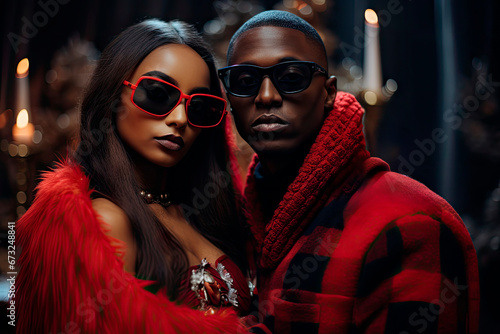 New Year's Eve. Chic Couple in Fashionable Red Accents photo