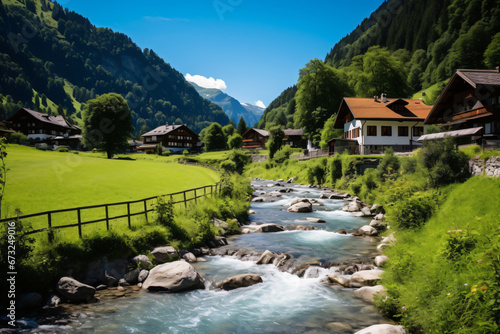 Switzerland landscape with flowing river and home