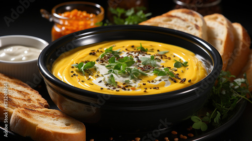 Delicious Creamy Pumpkin Traditional Soup in Bowl Selective Focus Background