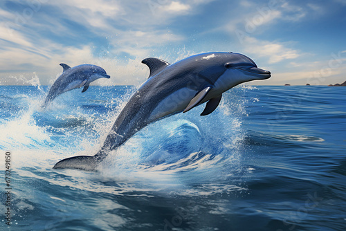 The two playful dolphins are jumping across the waves of the vast ocean at sunset  sunrise, morning. Generative AI. © Surachetsh