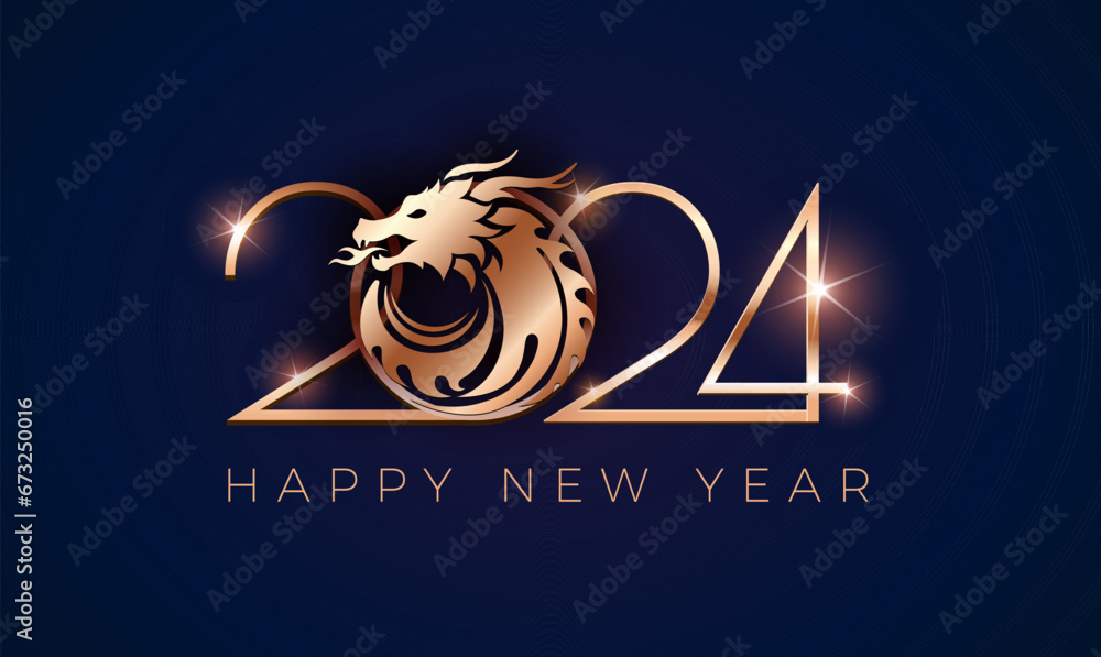 2024 New Year background. Chinese New Year celebration, dragon New Year - vector illustration gold and blue - obrazy, fototapety, plakaty 