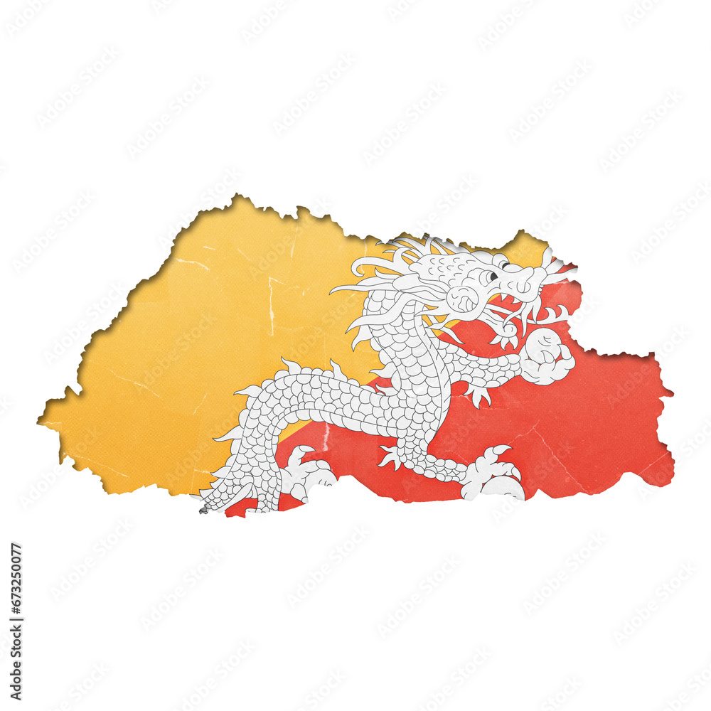 Bhutan country map and flag in cutout style with distressed torn paper effect isolated on transparent background