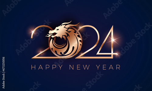 2024 New Year background. Chinese New Year celebration, dragon New Year - vector illustration gold and blue photo