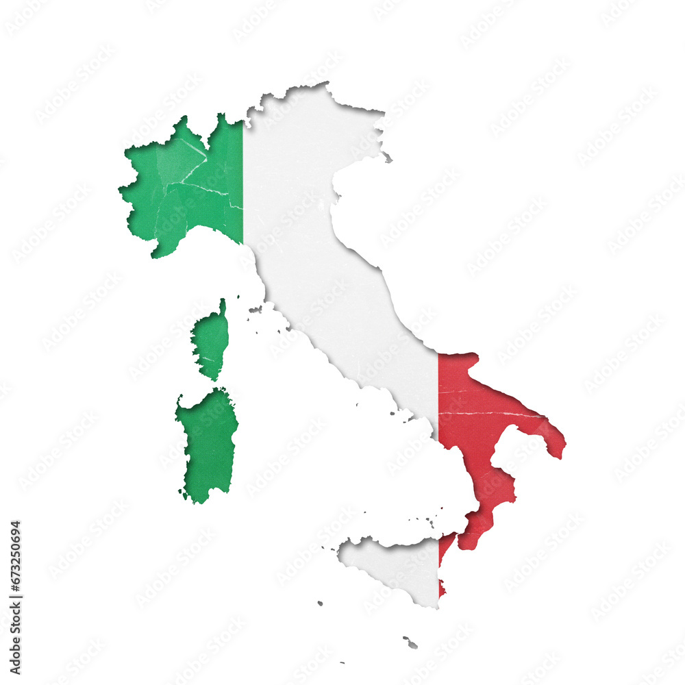 Italy country map and flag in cutout style with distressed torn paper effect isolated on transparent background
