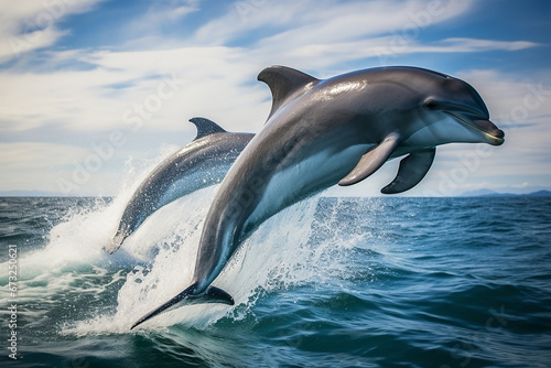 The two playful dolphins are jumping across the waves of the vast ocean at sunset sunrise, morning. Generative AI.