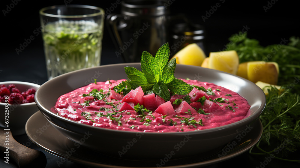 Cold Beet Pink Delicious Soup in Garnished Bowl on Selective Focus Background Cold Beet Pink Delicious Soup in Garnished Bowl on Selective Focus Background