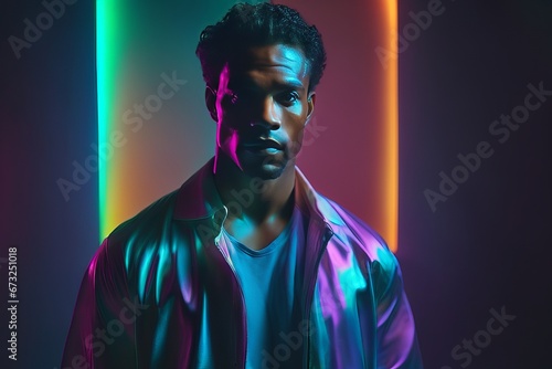 portrait of african american male with neon lighting in studio portrait of african american male with neon lighting in studio portrait of young african american man in neon light.