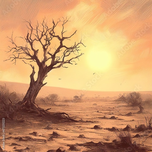 Desert landscape with dead tree.
