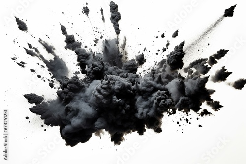 Explosive black powder scattering charcoal particles on white background. Generative AI