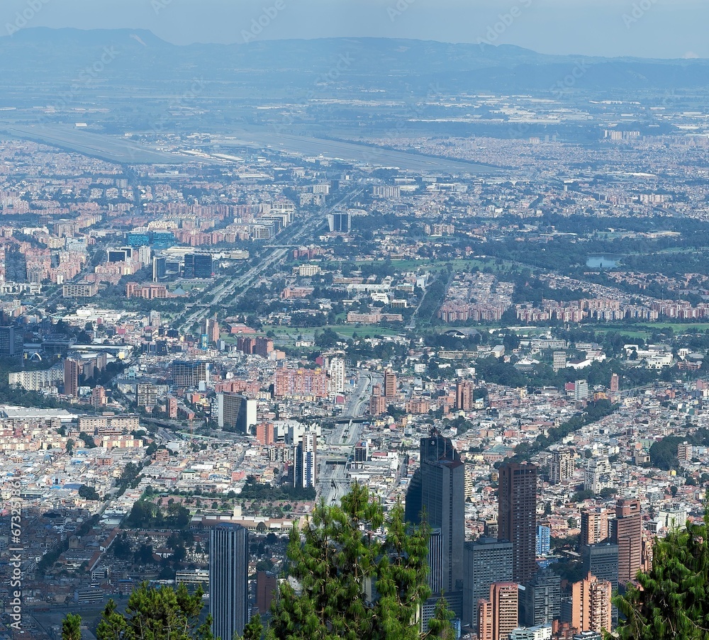 Aerial view of the bustling cityscape of Bogota. Colombia.