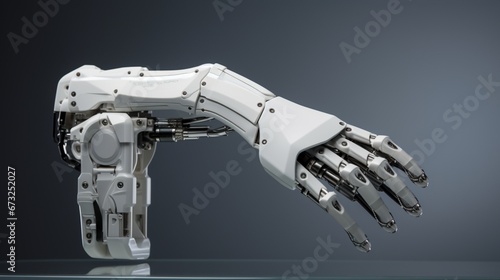 A close-up of an advanced robotic hand, its articulations and sensors detailed, positioned gracefully on a stark white platform.