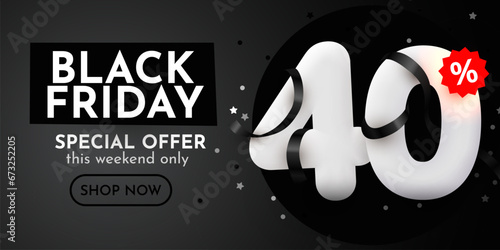 40 percent Off. Black Friday Sale composition with decorative objects. Discount banner and poster.