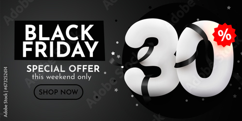 30 percent Off. Black Friday Sale composition with decorative objects. Discount banner and poster.