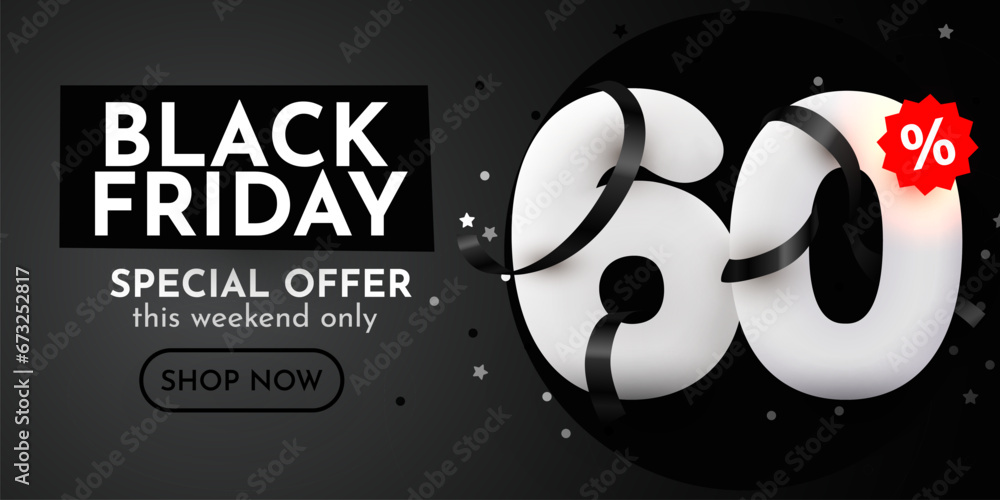 60 percent Off. Black Friday Sale composition with decorative objects. Discount banner and poster. 60 percent Off. Black Friday Sale composition with decorative objects. Discount banner and poster.