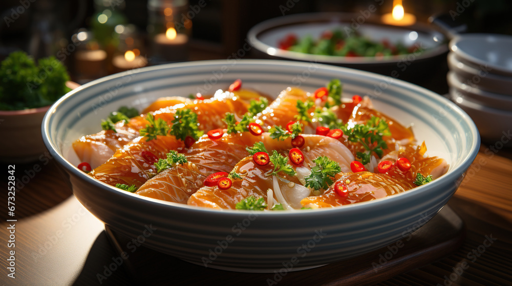Pickled Fish Fillet in white Porcelain Bowl Golden Soup on Selective Focus Background Pickled Fish Fillet in white Porcelain Bowl Golden Soup on Selective Focus Background