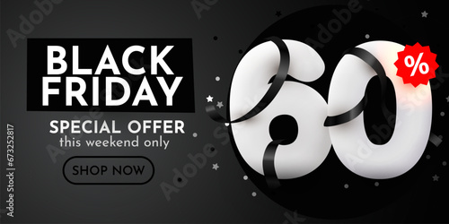 60 percent Off. Black Friday Sale composition with decorative objects. Discount banner and poster.