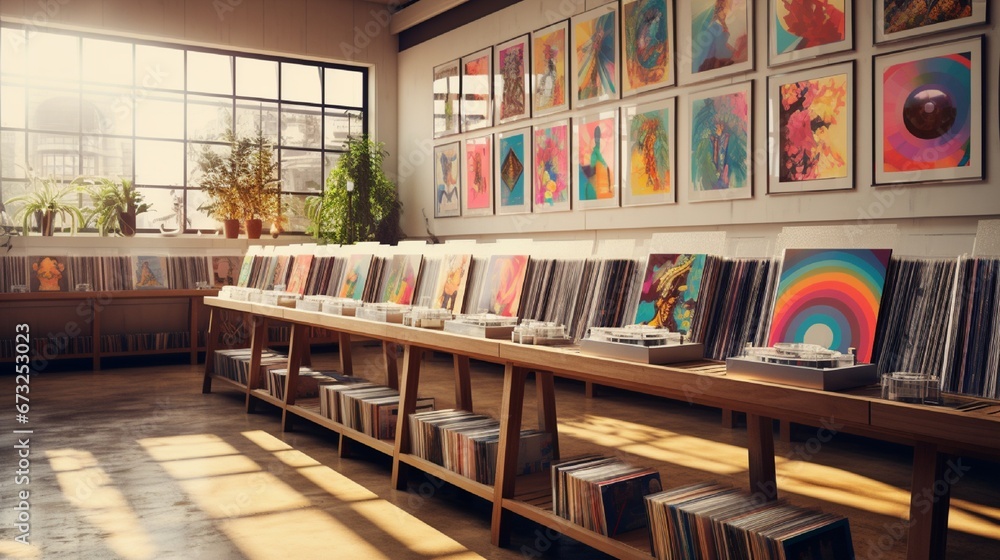 A record store housing vinyl albums, their artwork presented in a visually captivating manner on wooden racks. - obrazy, fototapety, plakaty 