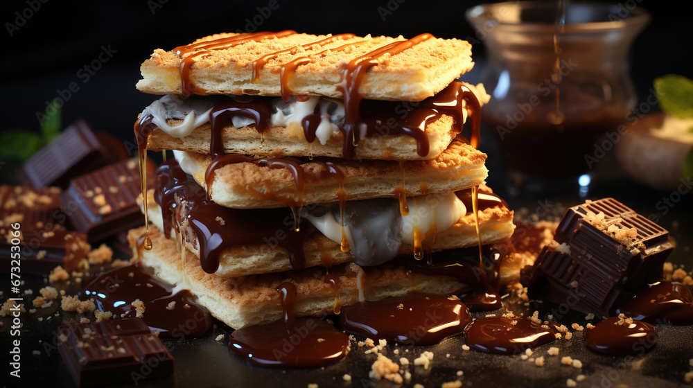 Slices of Bread Filled With Cream and Chocolate Dripping on It Selective Focus Slices of Bread Filled With Cream and Chocolate Dripping on It Selective Focus