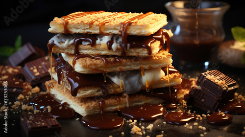 Slices of Bread Filled With Cream and Chocolate Dripping on It Selective Focus