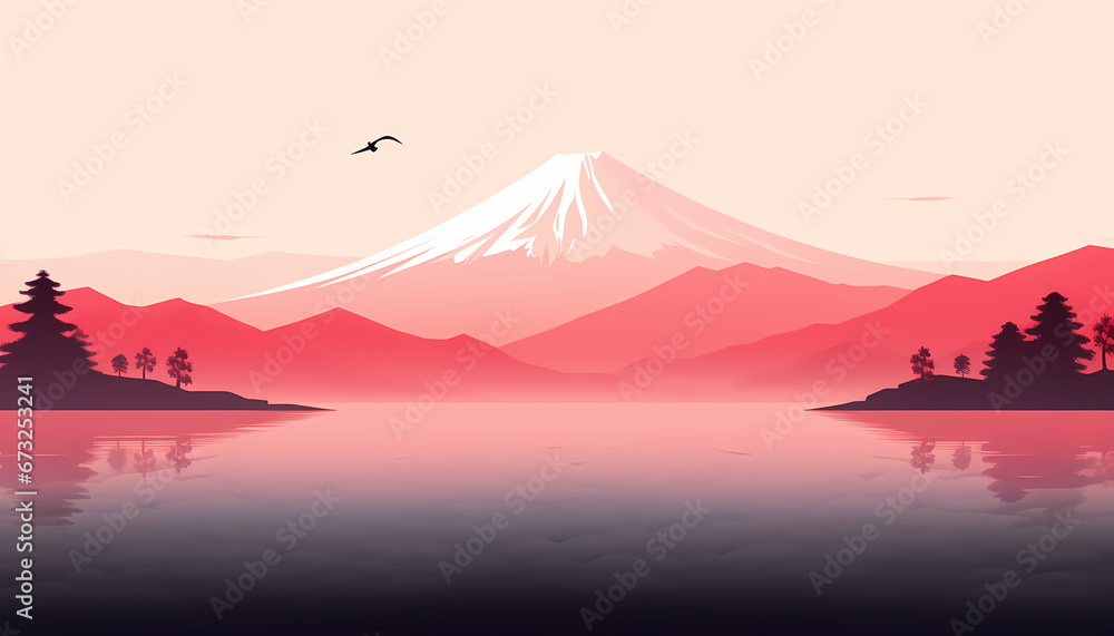 Mount Fuji reflecting over lake with trees, minimalism style pastel colors