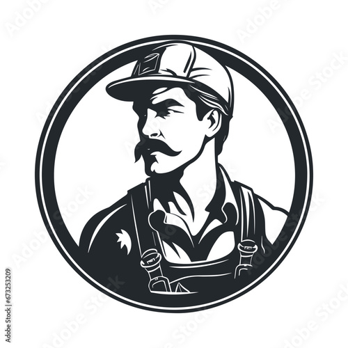 Retro vintage construction worker in uniform. Logo style clipart. Simple art builder portrait. Minimalistic worker logo. Transparent PNG. Vector illustration isolated on white 