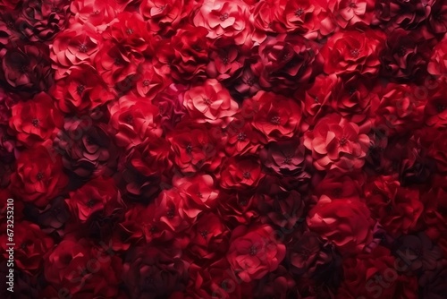 Stunning wall of red flower blooms, arranged in an elegant and colorful composition. Beautiful carnations create a vibrant floral background. 3D render. Generative AI