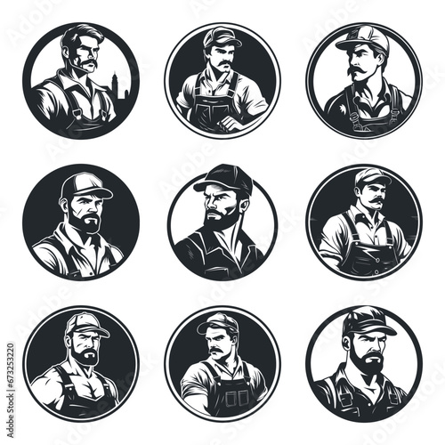 Retro vintage construction worker in uniform. Logo style clipart. Simple art builder portrait. Minimalistic worker logo. Transparent PNG. Vector illustration set isolated on white 