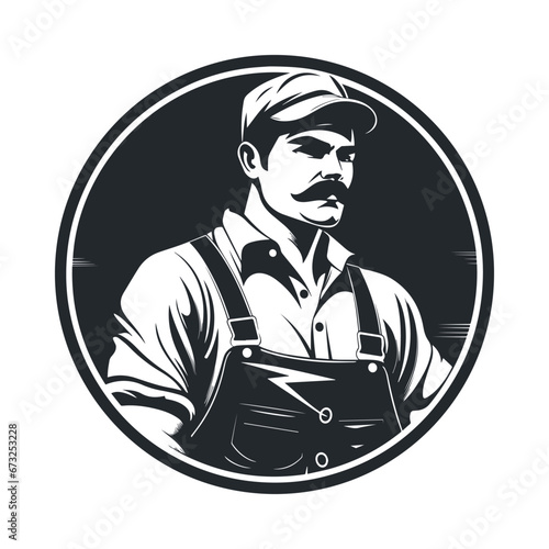 Retro vintage construction worker in uniform. Logo style clipart. Simple art builder portrait. Minimalistic worker logo. Transparent PNG. Vector illustration isolated on white 