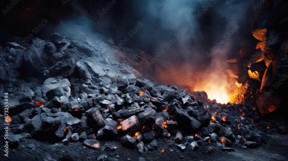 Heap of coal in a mine, Industrial coal mining in an open pit quarry, fossil fuels, environmental pollution - obrazy, fototapety, plakaty 