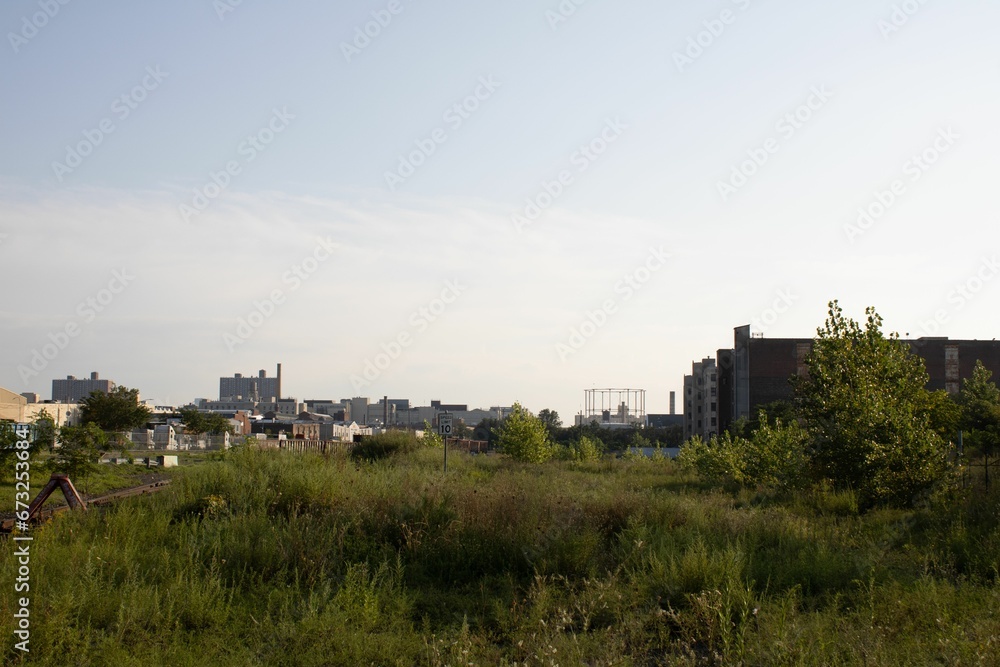 View of a lush grassy field with a modern city skyline in the background