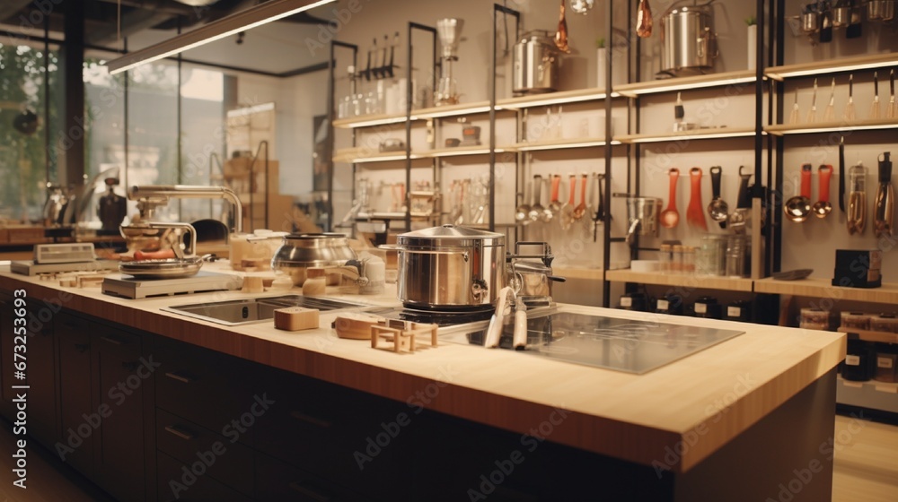 A store dedicated to kitchen gadgets, with a counter for demonstrations of the latest culinary tools.