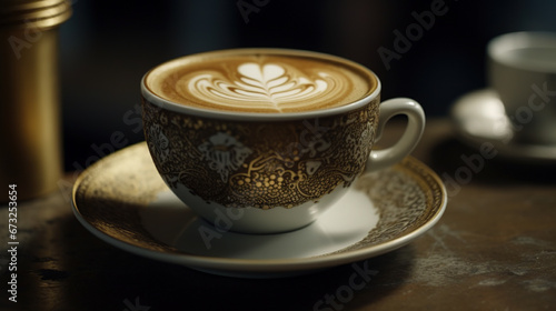 A Cup of Beautiful Cappuccino The Cup is White With Gold Patterns Printed on It With Heart Selective Focus Background